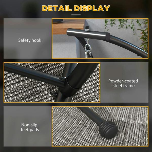 Black metal hammock stand detail: safety hook, powder-coated steel frame, foot pads
