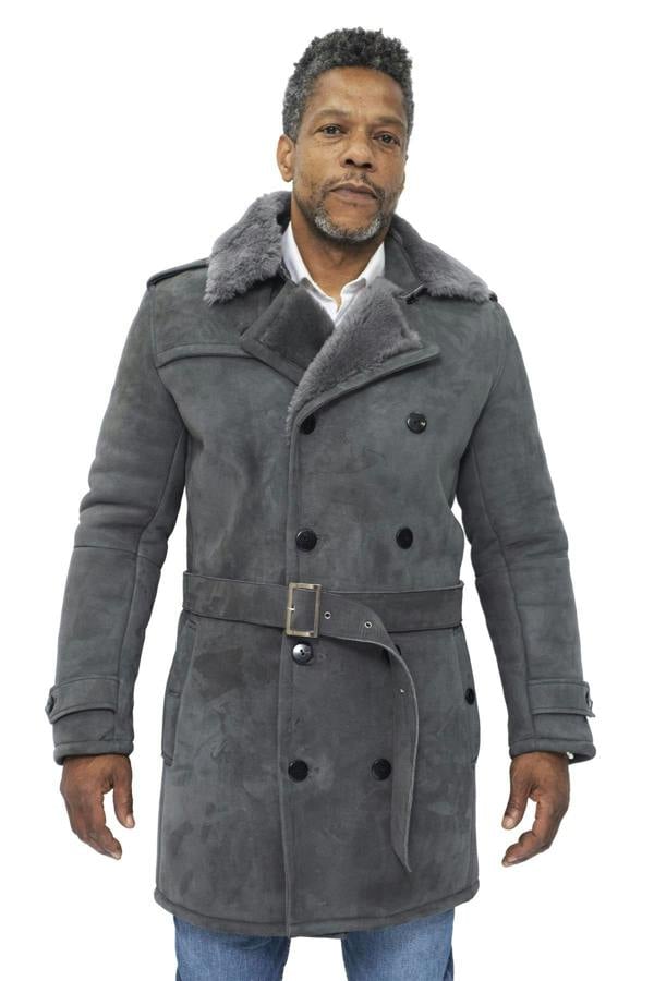 Infinity Leather Mens Shearling Sheepskin Suede Pea Coat-Cali