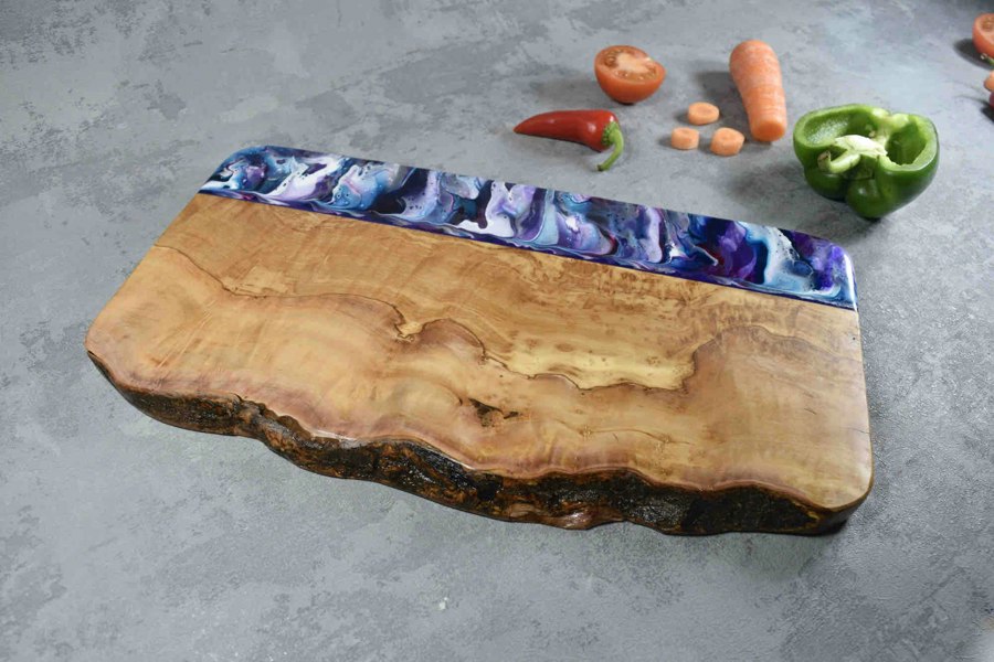 Large Purple Resin Art Olive Wood Cutting Board 40cm 