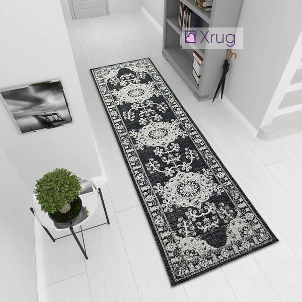 Black Oriental Rug Cotton Washable Rugs Runners Grey Oriental Traditional Pattern Large Small Flat Weave Carpet - 75x300cm (2'5"x9'8")