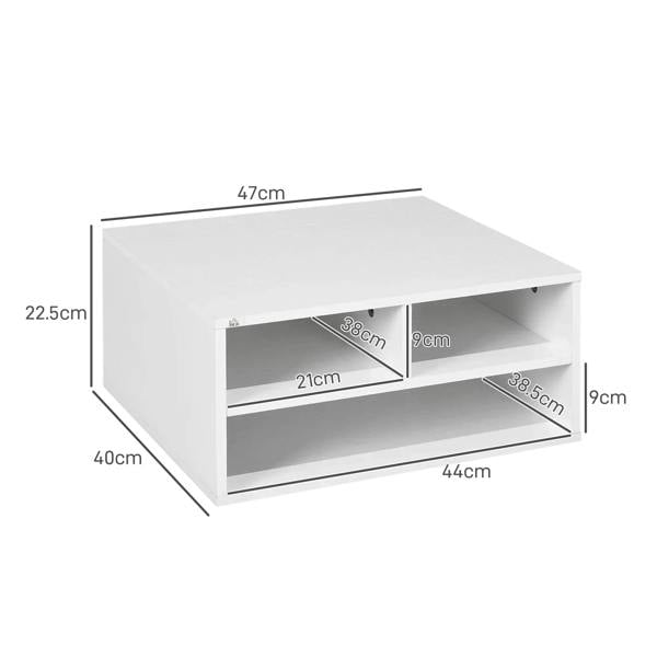 White three-compartment printer cabinet with open shelves and labeled dimensions