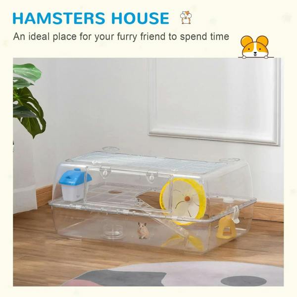 Transparent 2-tier hamster cage with blue water bottle and yellow running wheel