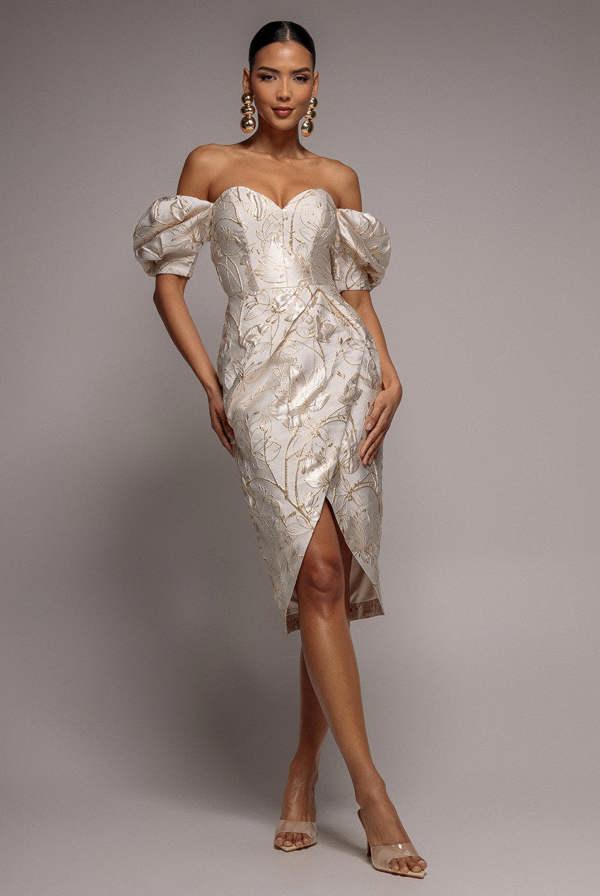 Puff Sleeve Sweetheart Midi Dress - Cream DR4883