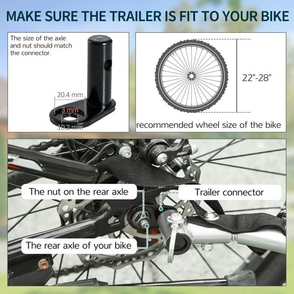 Bike trailer axle connector hardware with hitch bar and rear axle mount