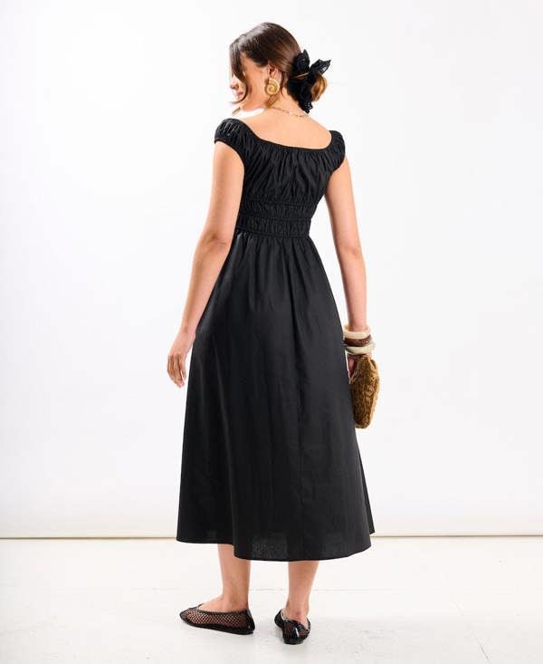 Needs No Label Black Cotton Shirred Bardot Midi Dress