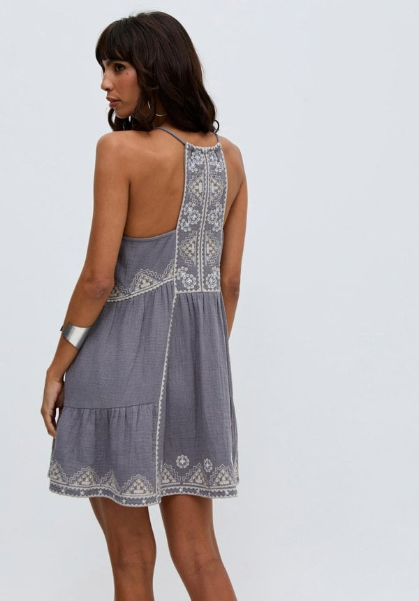 Jen Tiered All Over Embroidered Mini Dress In Grey