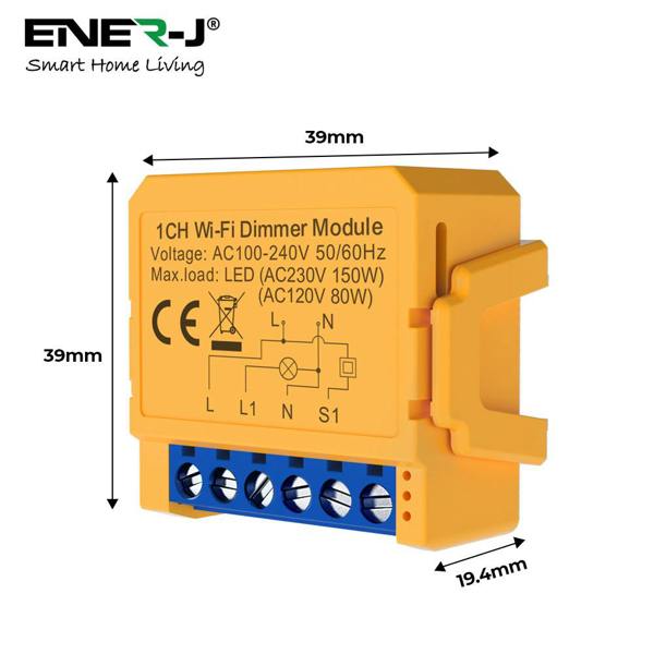 ENER-J Smart WiFi Dimmable Light Switch Module, Ultra Mini 1 Gang Dimmer, App & Voice Control, Alexa & Google Compatible, 39 x 39 x 18mm