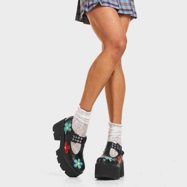 Lamoda Watch Me Chunky Mary Jane Shoes Black/Flower Trendy Comfort