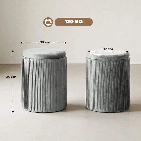 Storage Ottoman Modern Velvet Round Foot Stool for Living Room Bedroom 45 cm Grey
