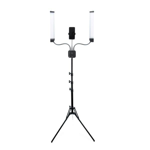 The Rio Professional Twin LED Strip Lights feature a black adjustable tripod stand with two vertical LED panels and a central phone holder, ideal for makeup artists or content creators, shown on a plain white background.