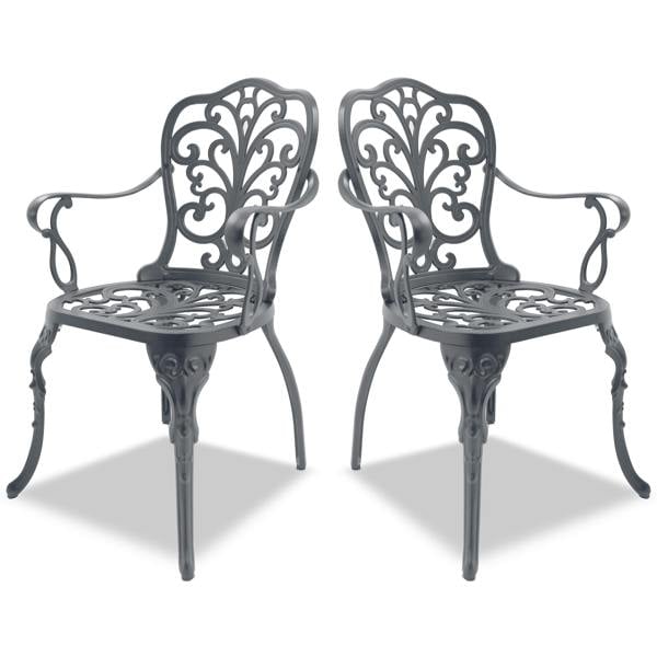 Homeology BANGUI 2-Large Garden and Patio Bistro Chairs with Armrests in Cast Aluminium Grey