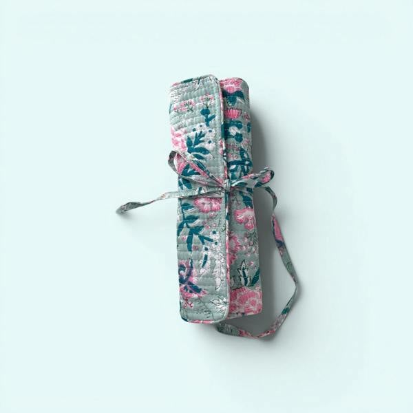 Hayley & Co Cotton Jewellery Roll - Ditsy Duck Egg Blue and Pink Floral