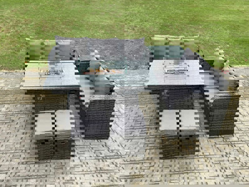 Fimous PE Wicker Outdoor Rattan Garden Furniture Set Propane Gas Fire Pit Table and Sofa set with Side Table 2 Small Footstools