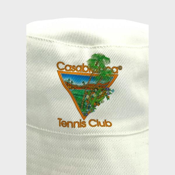 Supplied Fashion white cotton bucket hat featuring a colourful triangular Casablanca Tennis Club graphic print