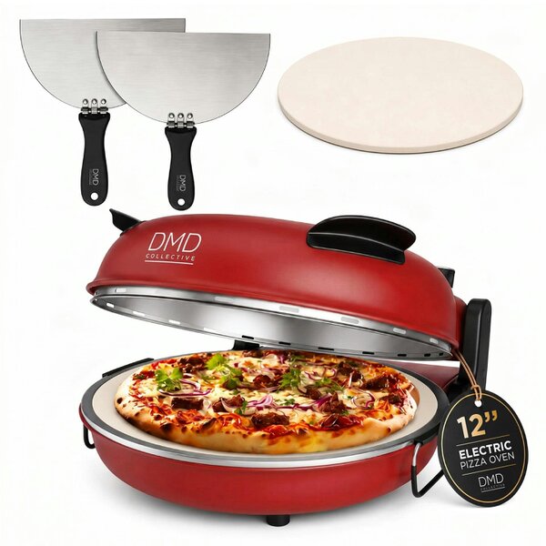 DMD Collective Electric Pizza Oven - 12”, Stone Bake, Thermostat and Paddles - Red