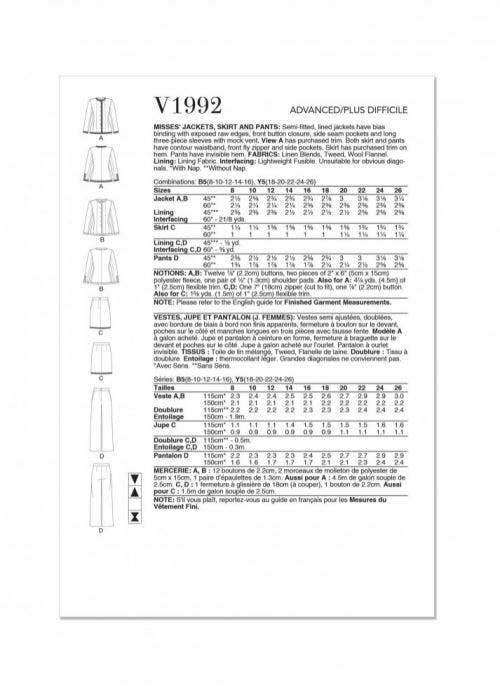 Vogue Sewing Pattern 1992, Jackets, Skirts, Trousers, Suits for Women, B5 (8-10-12-14-16) - Advanced