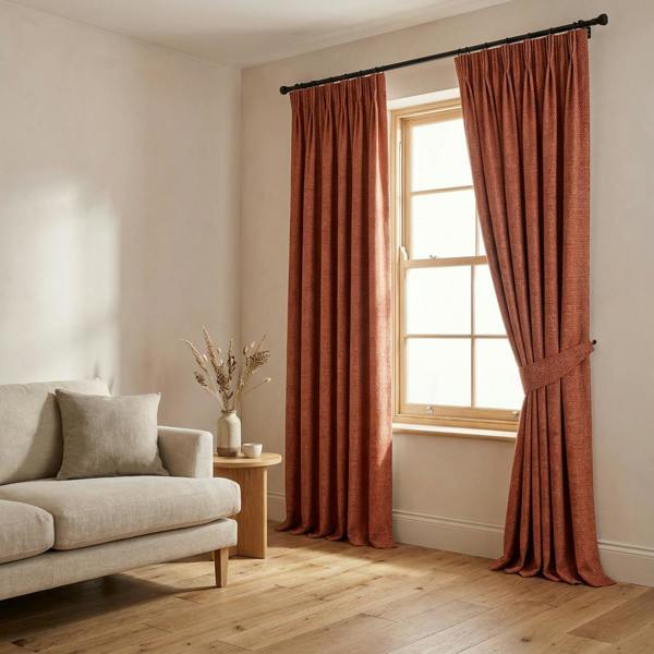 Malaga made-to-measure curtains in Paprika, styled in a living room