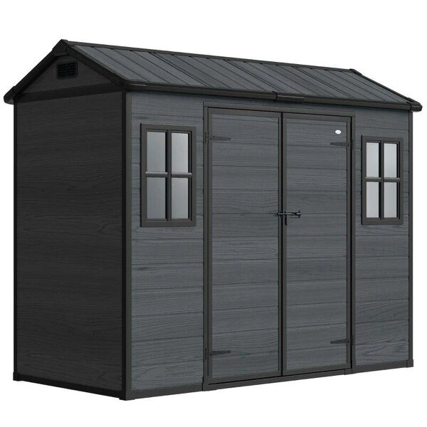 8 x 4 ft Resin Garden Shed, Wood-Effect Outdoor Storage Shed with Floor, Windows, Lockable Doors and Vents, Dark Grey