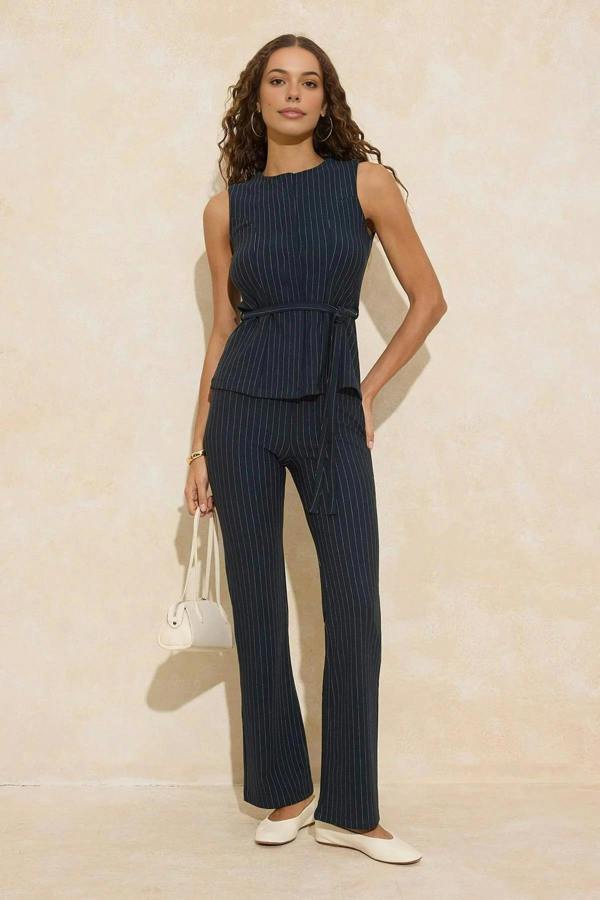 Striped Fitted Snap Button Belted Wide Leg Co-ord