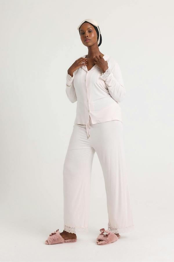 Bamboo Lace Long Pyjama Set in Powder Puff - Wholesale - Pajamas