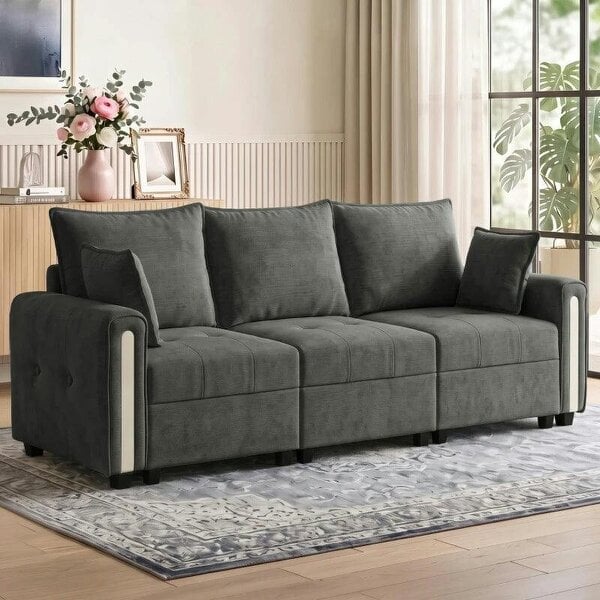 3 Seater Sofa with Lift-Up Storage, 228cm Comfy Velvet Couch with Wide Deep Seat, Dark Grey - Dark Grey