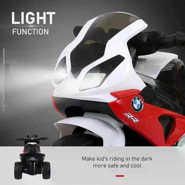 Kids ride-on motorbike headlight front with white fairing and red BMW RR accents