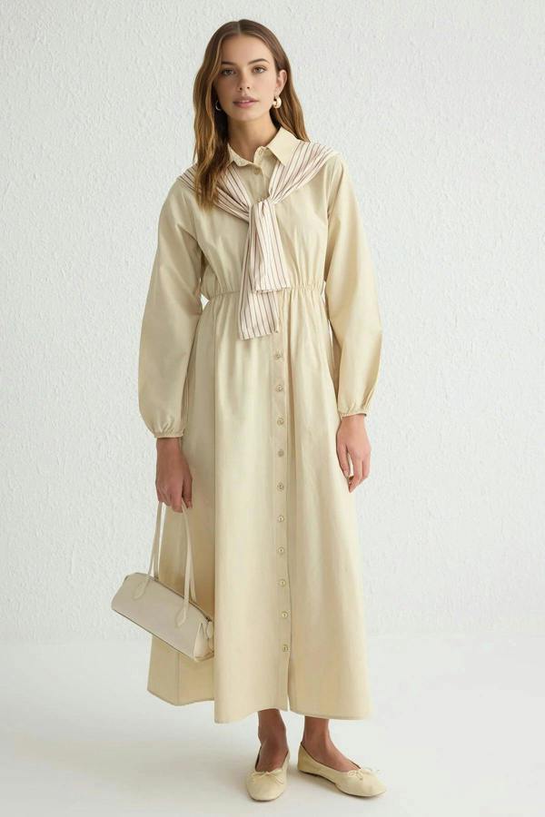 Striped Shirt Collar Long Sleeve Midi Dress with Scarf Detail