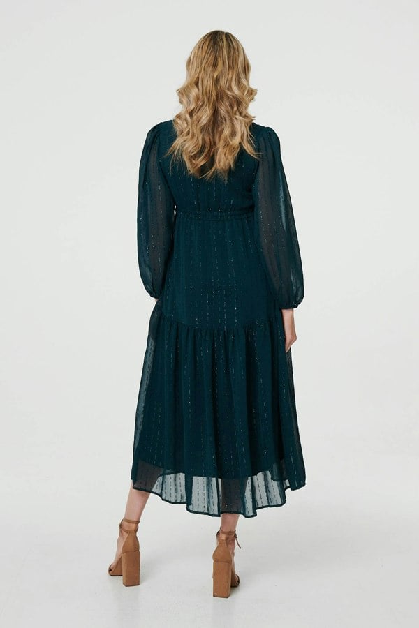 Green | Sparkly Semi Sheer Long Sleeve Midi Dress
