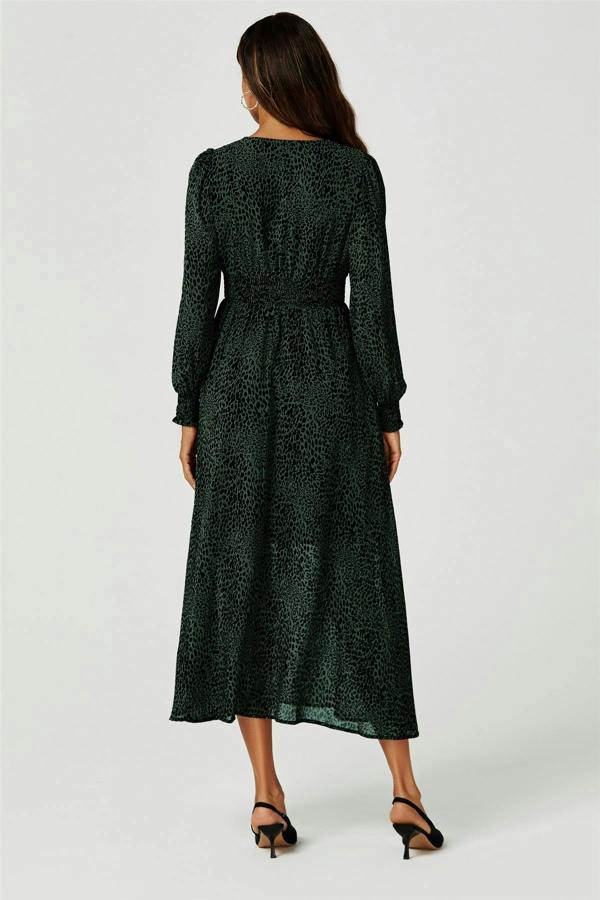 FS Collection Leopard Print Long Sleeve Maxi Dress In Green