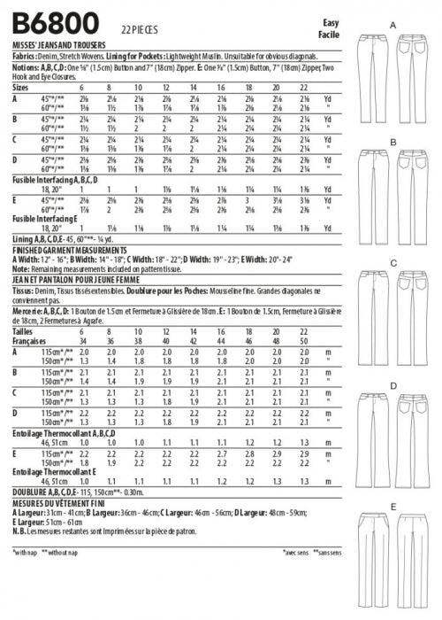 Butterick Sewing Pattern 6800, Trousers for Women, A5 (6-8-10-12-14) - Easy