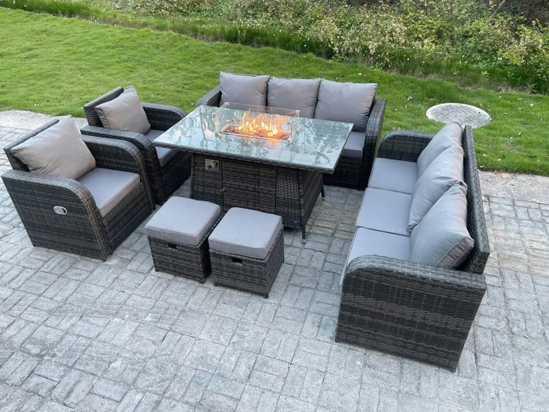 Fimous Rattan Outdoor Garden Furniture Set with Gas Fire Pit Dining Table,  2 Reclining Chairs, 2 Sofas, 2 Foot stools - 10 Seater - Dark Grey