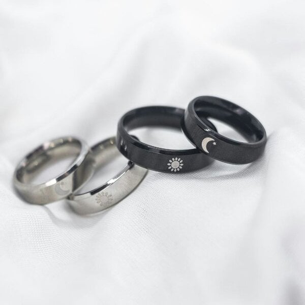 The Colourful Aura Black Band Matching Couple Moon and Sun Promise Ring set