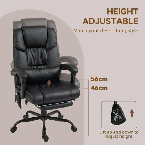 Bobobiy 6-Point Massage Office Chair, PU Leather Desk Chair with Adjustable Height and Footrest for Home Office, Black