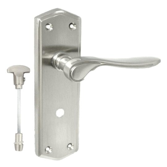EDH Door Hardware Satin Finish Bathroom Door Handle On Shaped Backplate + Bath Lock