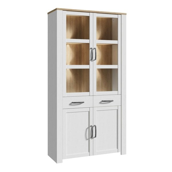 Wyld Haus Southampton White and Natural Oak Effect Display Cabinet with LED Lighting 4 Door 2 Drawer