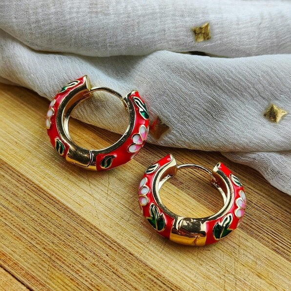 The Colourful Aura Large Enamel Huggie Multicolour Rainbow Dainty Floral Hoop Earrings - Red - Red