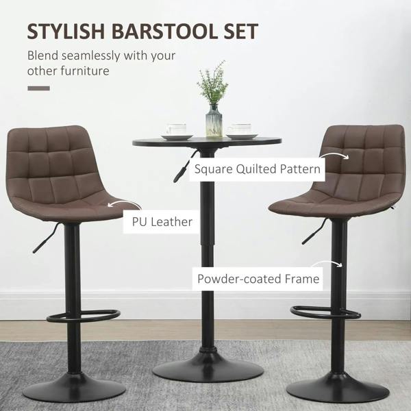 Brown PU leather barstools set of 2 with square-quilted tufted seats and powder-coated frames