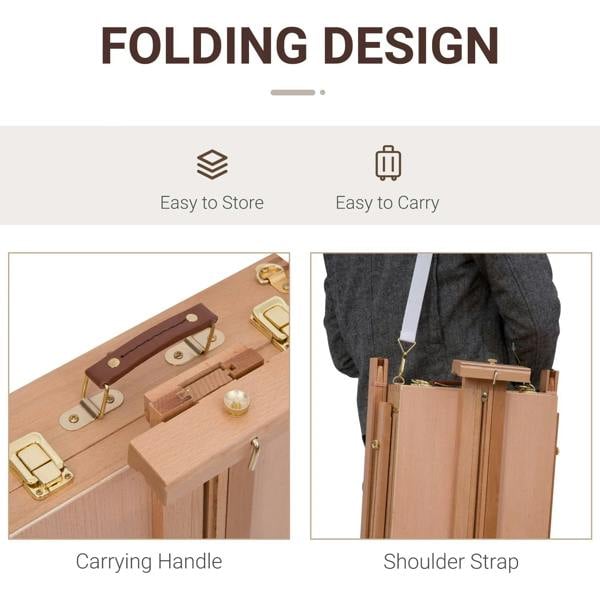Foldable wooden easel with carrying handle and shoulder strap feature