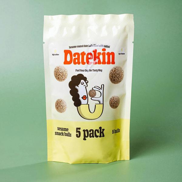 Datekin sesame snack balls 5 pack packaging on a green background