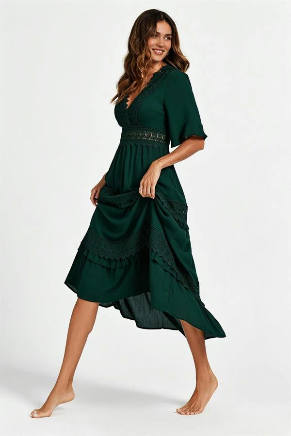 FS Collection V Neck Lace Detail Midi Dress In Forest Green