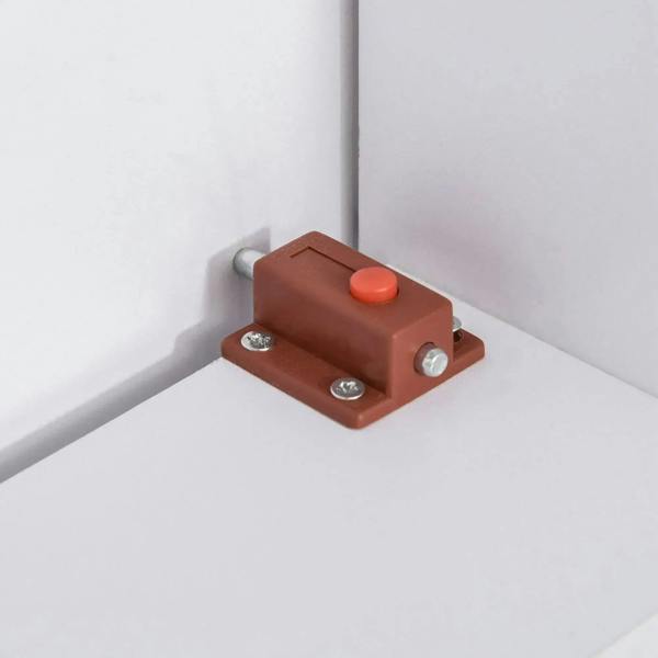 Brown release latch with orange button on white drop-leaf table support