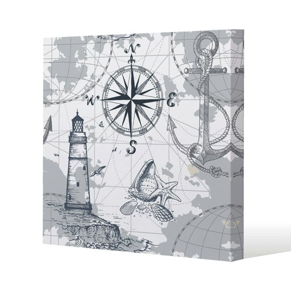 Benjamin Tate Design Compass & Map Slim Style Canvas Print  75x75cm , 15mm Slim Real wood.