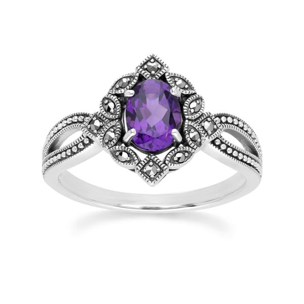 Gemondo Art Deco Style Oval Amethyst & Marcasite Ring in Sterling Silver