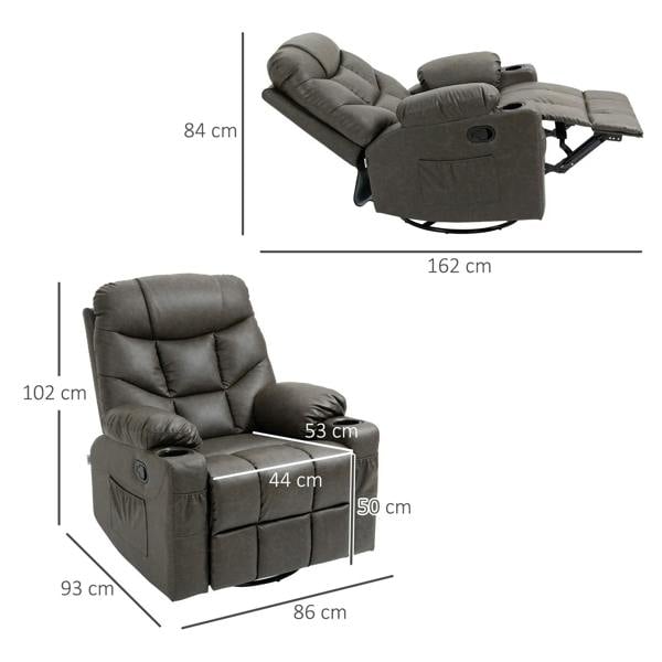 Dark faux-leather manual recliner chair with extended footrest and size dimensions