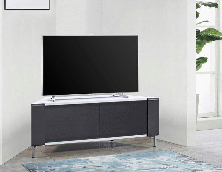 MDA Designs CORVUS Corner-Friendly Gloss White Contemporary Cabinet with Black Profiles Black BeamThru Glass Doors for Flat Screen TVs up to 50"