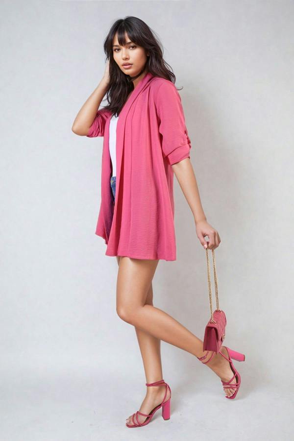 Vivian Open Front Roll Up Sleeve Cardigan - Fuschia
