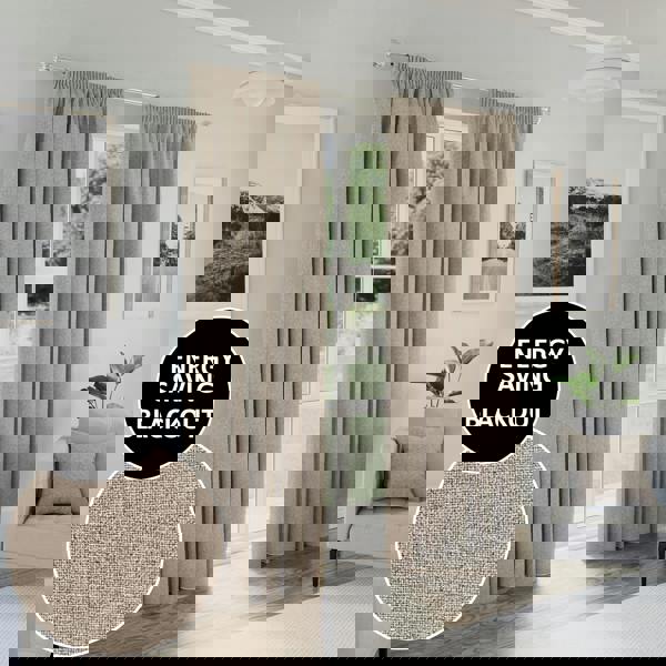 Enhanced Living Natural Textured Basketweave 100% Blackout Pencil Pleat Thermal Energy Saving Curtains - Ideal for Living Rooms & Bedrooms