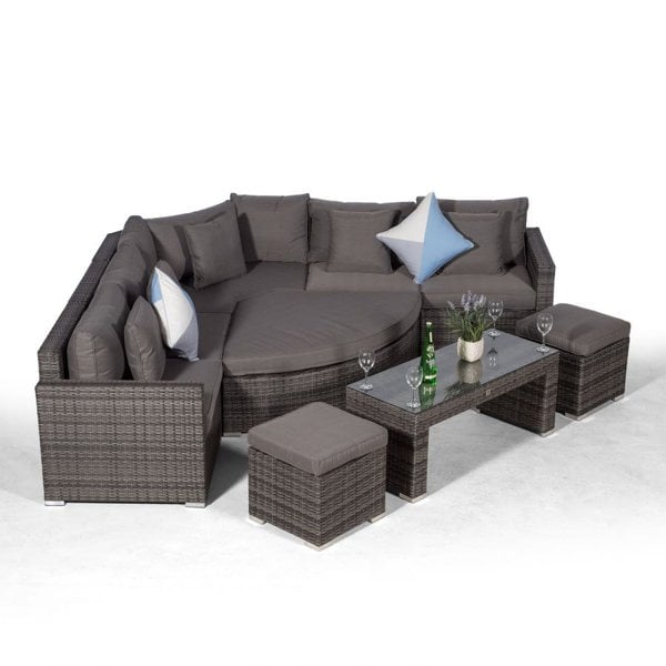 Giardino Santorini L Shape Modular 5 Seat Rattan Corner Sofa Set With Daybed Ottoman, Large Coffee Table & 2 Stools