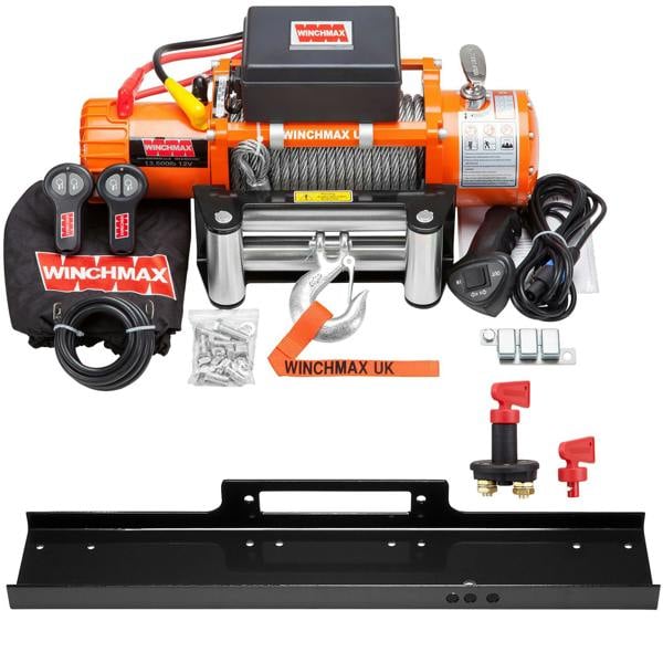 Winchmax 13,500lb (6,123kg) 12V Electric Winch 26m x 95mm Steel Rope, Mounting Plate, Battery Isolator