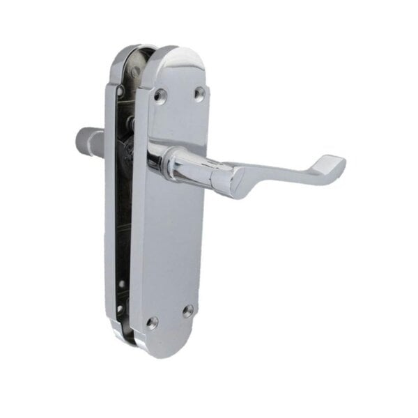 EDH Door Hardware Polished Chrome Victorian Scroll Door Handles on Shaped Backplate – 170mm x 40mm + Tubular Latch